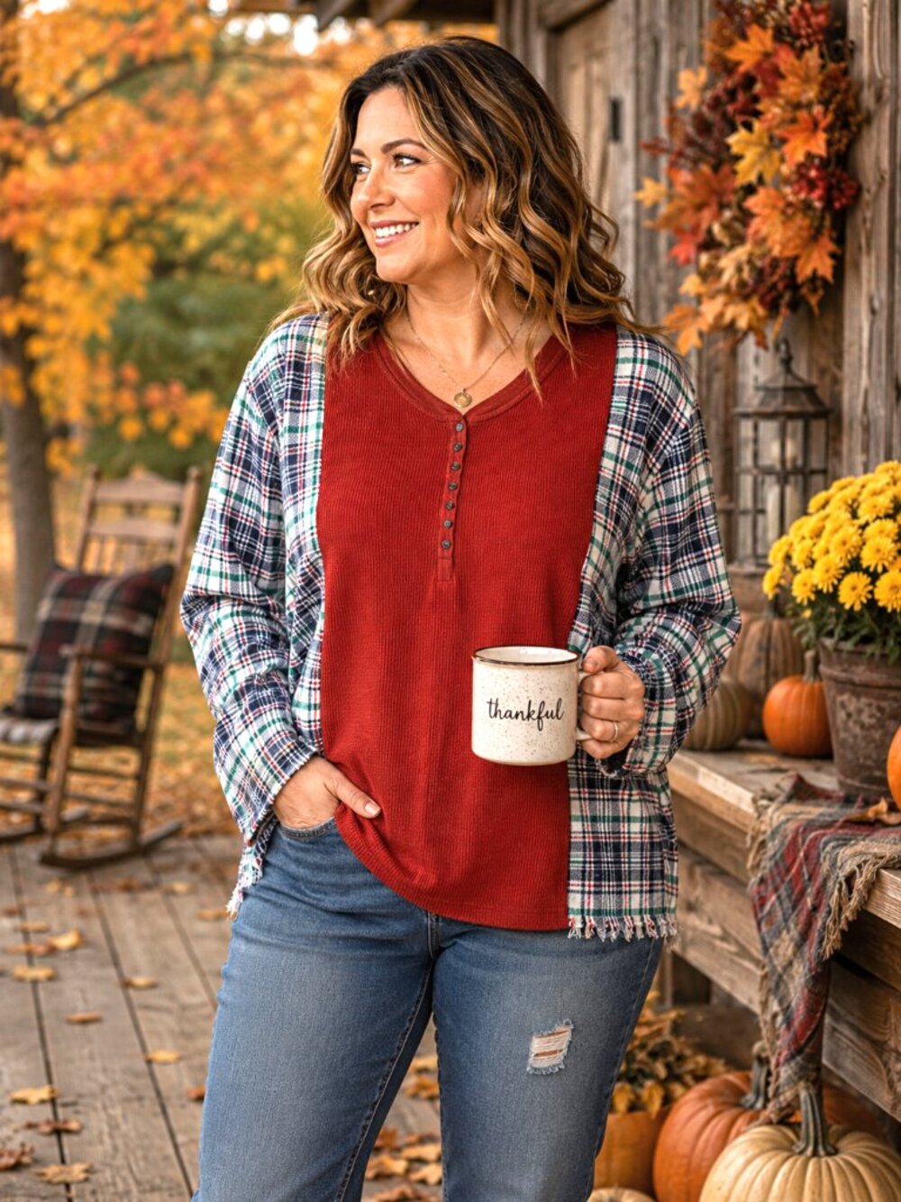 Upcycled Flannel Shirt, Oversized Rust Waffle Knit Spliced Tee Size L - 2XL